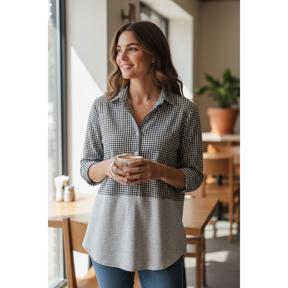 J. Crew Womens Top Size 6 Black White Gingham Shirt 3/4 Sleeve Casual‎